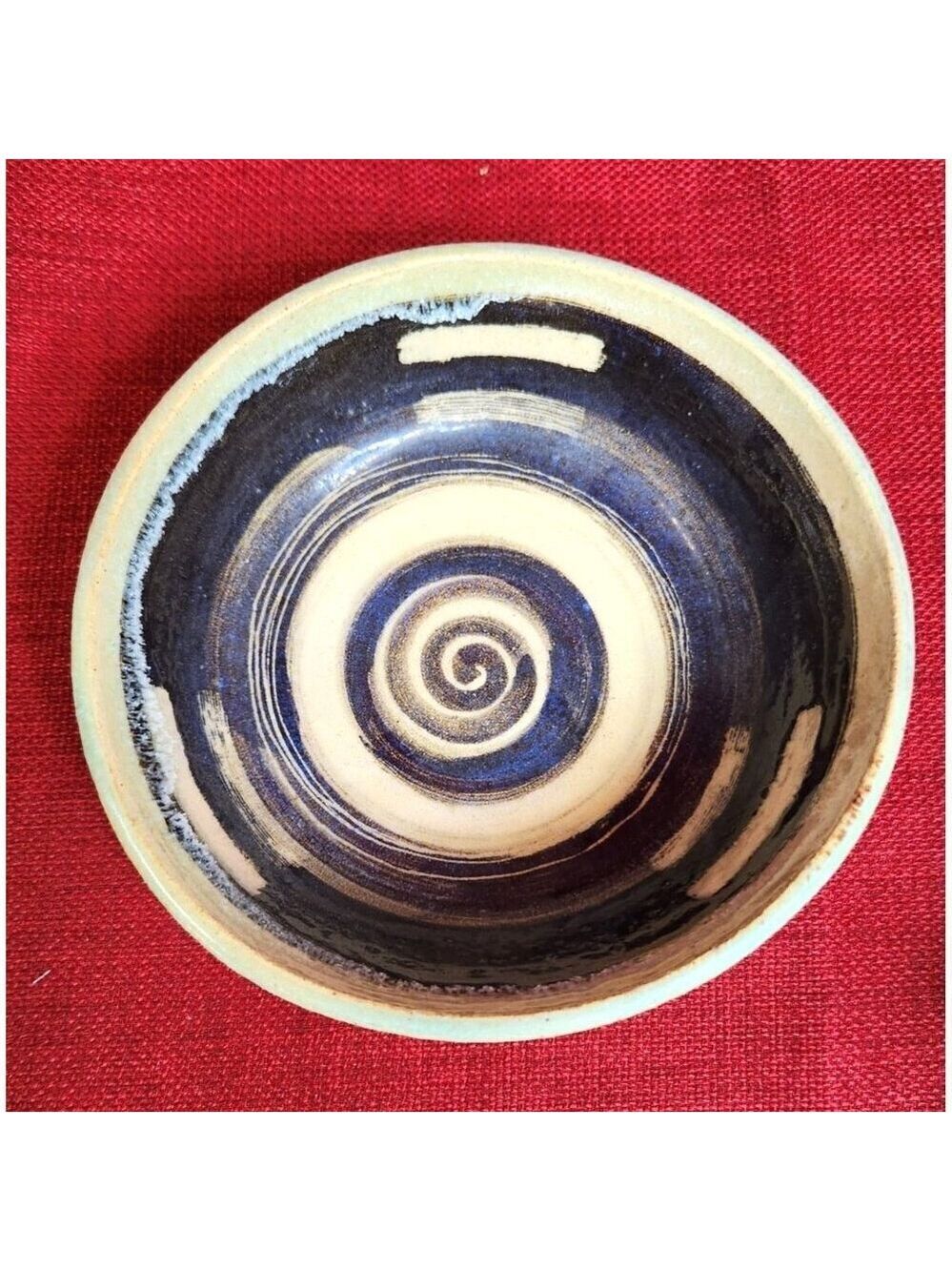 Handmade Ceramic Glazed Bowl By Frances H With Blue Swirl Design 6" - Picture 2 of 5